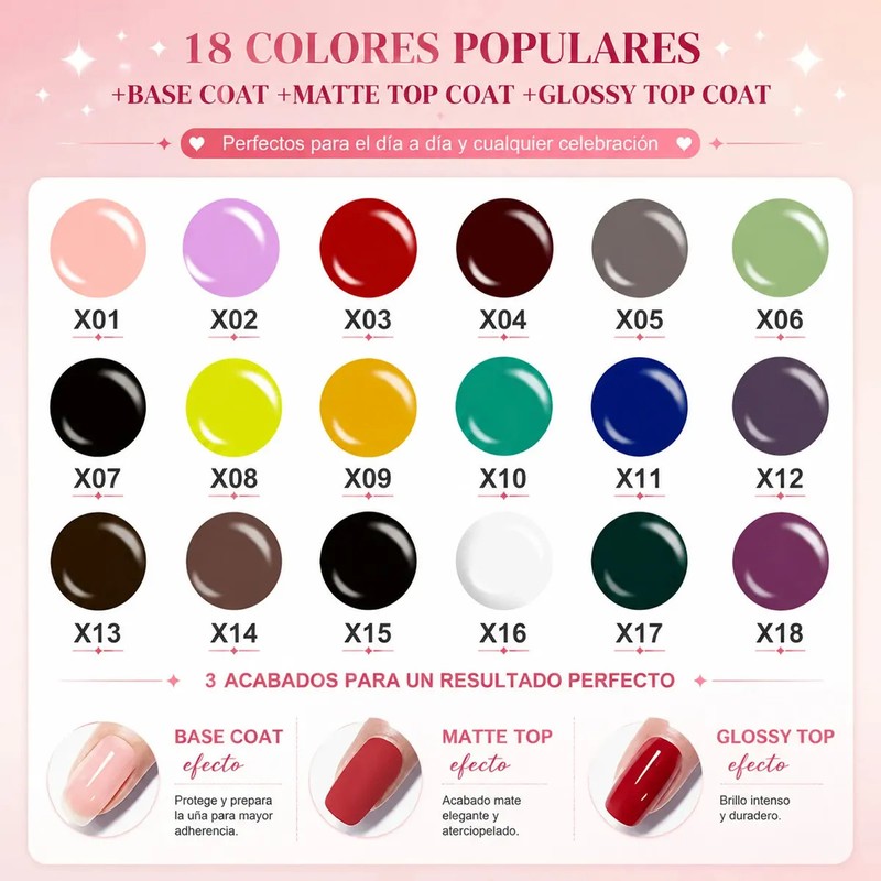 21Pcs Kit Esmaltes Uña Gel SemipermanenteBase CoatGlossy Top CoatMatte Top