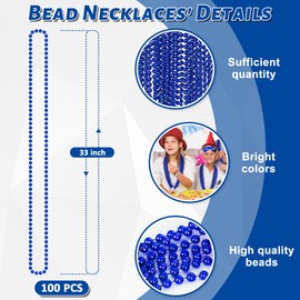 100PCS Bead Necklace, Blue Bead Necklaces Stuff Bulk, 33" Christmas Bead Necklaces Party Supplies, Festival Parade Throw Accessories for Wedding Birthday Pirate Theme Party Baby Shower Supplies Decor