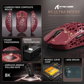 ATTACK SHARK R5Ultra 8K Fibra de Carbono Ratón Inalámbrico Gaming con 42000 dpi -PAW3950 MAX Sensor -39g Ultraligero-Nordic 52840 MCU Chip-Cable/BT/2.4GHz Ratón Wirelss Programable para PC/Mac Rojo