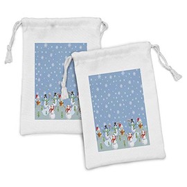 Ambesonne Christmas Fabric Pouch Set of 2, Snowman Party Themed Cartoon Composition Winter Season Elements Trees Snowflakes, Small Drawstring Bag for Toiletries Masks and Favors, 9" x 6", Multicolor
