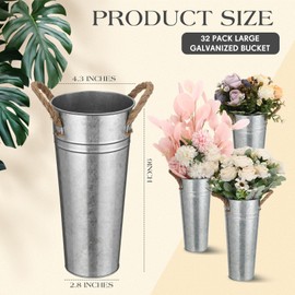Bokon 32 Pack 9 Inch Flower Bucket Bulk, Galvanized Metal Vases, Rustic Vintage Flower Vases with Handles, Tall Farmhouse Planter Pails Buckets for Wedding Centerpieces, Party Decoration, DIY Craft