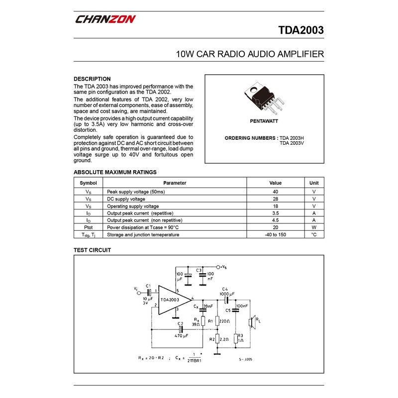 Chanzon TDA2003 TO-220-5 Audio Power Amplifier Transistor, Non-Polarized (Pack of