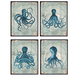 Vintage Kraken Octopus Art - 8x10 Nautical Poster Set for Bathroom, Bath, Bedroom, Beach or Lake House - Unique Gift for Nature Fans - Unframed