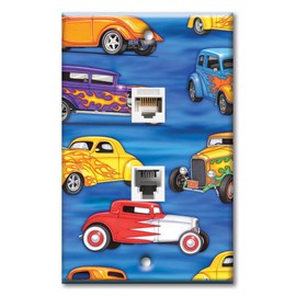 Art Plates - Decorative Printed 2 Port Data Wall Plate - RJ11 Telephone Jack Connector and RJ45 (Cat5, Cat6, Cat7) Ethernet Connector - Gold-Plated Contacts - Hot Rods
