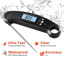 Meat Thermometer Digital for Grill Instant Read Meat Thermometer Waterproof Kitchen Gadgets Essentials Magnetic Probe Thermometer with Backlight and Display for Kitchen, BBQ, Frying, Black
