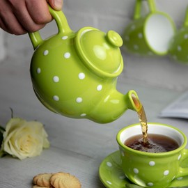 City to Cottage® - Teapot Coffee Pot for 2 Cups | Green and White | Polka Dots | Handmade | Teapot Ceramic Tableware | 750 ml