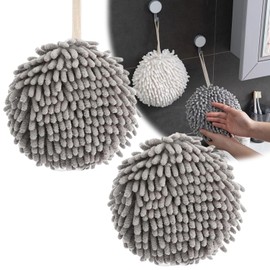 SHUOHONG Pack of 2 Absorbent Hanging Towels, Small, Towel, Soft Chenille Small Towels, Hand Towel, Microfibre Towel Drying Absorbent Towel Ball for Kitchens and Bathrooms (Grey)