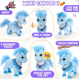 Ylpaprm Blue Interactive Walking Singing Pony, Talking Musical Dancing Pony with Leash, Electric Plush Pony Horse Pet Toy for Toddler, Nod Lick Wag Repeat What You Say, 3+ Girl Boy Kid