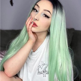 Kalisa Mint Green Lace Wig Long Straight Omber Green with Black Root Lace Front Wig Pre Plucked Green Body Wave Middle Part Wig Heat Resistance Fiber Daily Use Makeup Wigs for Girls Women 24 Inch