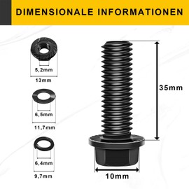 Pack of 10 Hex Bolts, Black Screws, Flange Screws, M6 x 35 mm, Stainless Steel A2 V2A, Full Thread, Washers, Spring Washers & Nuts/Screws Assortment with Hex Bit