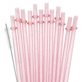 SUNDEE Reusable Plastic Straws, Glitter Straws Reusable Drinking Straw Thick BPA-Free Glitter Drinking Straw Accessories, Set of 12 Pcs Colorful Straw with Cleaning Brush - Pink