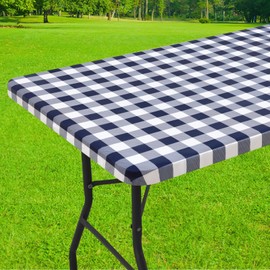 Smiry Rectangle Picnic Table Cloth, Elastic Waterproof Fitted Vinyl Tablecloth for 5 FT Tables, Flannel Backed Buffalo Plaid Table Covers for Dining, Camping, Outdoor (White and Navy, 36" x 60")