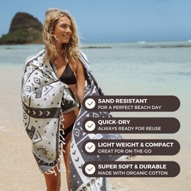 FESHKA Sand Free Turkish Beach Towel (37 x 67) Quick Dry Bath Towel, Oversized Beach Blanket, Lightweight for Travel - Made with 100% Organic Turkish Cotton - Gobeklitepe (Black)