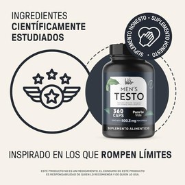LIFE 360 Mens Testo  360 Cpsulas  Maca Negra, Maca Roja y Maca Amarilla, L-Arginina, Zinc, Vitamina D, Magnesio, Ginseng y Guarana  Suplemento...     