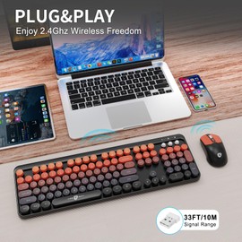 Wireless Keyboard and Mouse Combo, 2.4 GHz Wireless Full-Sized Typewriter Keyboard with Round Keycaps for Windows, Computer, Desktop, PC, Laptop (BlackOrange)