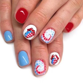 4th of July Press on Nails Short Fake Nails Red Blue White Lip Designs Independence Day Acrylic Nails， Full Cover Square Artificial Nail Art Decoration Acrylic Nails for Women Independence Day