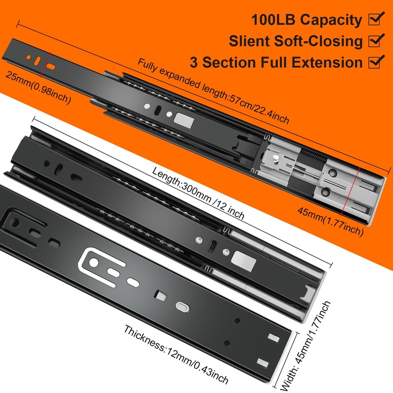 12 inch Drawer Slides 6 Pairs (12pcs) Soft Close 3