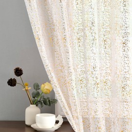 TERLYTEX Metallic Gold Sheer Curtains, Sparkle Glitter Gold White Sheer Curtains 96 Inch Length for Living Room, Rod Pocket Privacy Sheer Window Curtain 2 Panels, Each 52 x 96 Inch, Gold White