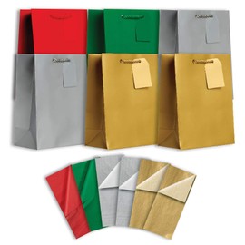 Jillson Roberts 6-Count Solid Color Christmas Gift Bags Available in 5 Different Assortments, Medium Red/Green/Silver/Gold with Coordinating Tissue Paper