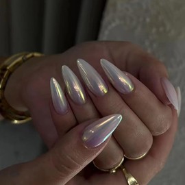 Press on Nails Medium Almond MABKJLF Fake Nails Pink Flash Full Cover Glue on Nails Glossy False Nails with Nail Glue Sick on Nails Acrylic Nails Manicure Artificial Nails for Women Girls 24Pcs