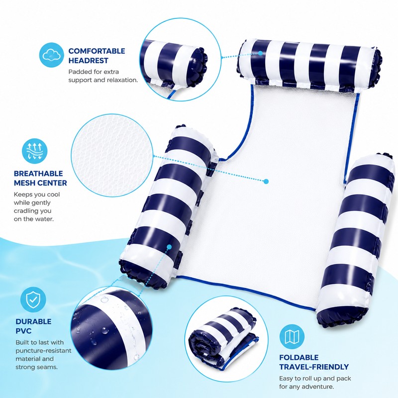 4-in-1 Inflatable Water Hammock Pool Float – Striped PVC Floating