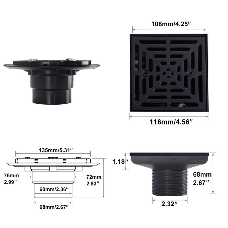 DEOKXZ 4-1/4 Inch Black Shower Drain Square, Base with Adjustable
