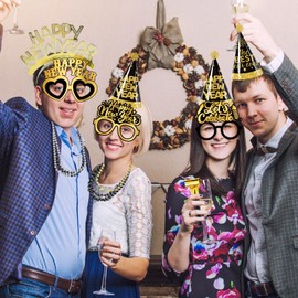 YTGUVBK New Years Eve Party Supplies 2025, Happy New Year Decorations Kit Includes Happy New Year Headband Tiara, Cone Hats, Bead Necklace, Noise Makers,New Year Glasses 2025 for Kids and Adults