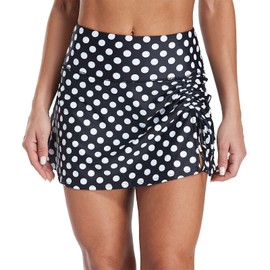 CharmLeaks Womens High Waisted Split Swim Skirt Drawstring Skirted Swim Skirts with Built-in Panty Black Polkadot L