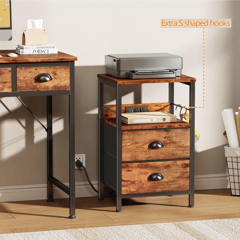 Furologee End Table with Charging Station, Nightstand with Fabric Drawers,