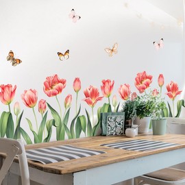 Runtoo Tulip Flower Wall Decals Pink Garden Floral Butterfly Wall Stickers for Nursery Bathroom Living Room Bedroom Home Decor