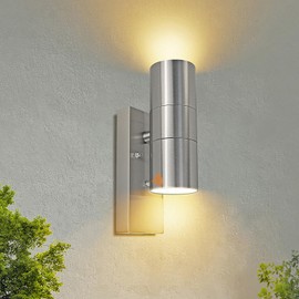 HiBay Dusk Till Dawn Outdoor Lights Mains Powered, Up and Down Outdoor Wall Lights Stainless Steel IP44 Waterproof 240V with 2X 5W GU10 Bulbs Warm White