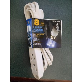 PCC 3-Prong 3-Outlet  Indoor Extension Cord, 8 Feet white color