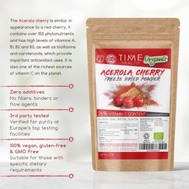 Organic Acerola Cherry - Freeze Dried Powder - Natural & Wholefood - 26% Vitamin C - 44:1 Extract Ratio (125g Powder Pouch)