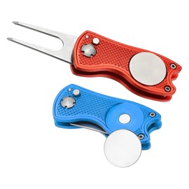 PATIKIL Golf Divot Repair Tool, 2 Pack Foldable Metal Golf Green Divot Tool with Magnetic Ball Marker & Stainless Steel Fork for Golfer, Red/Blue