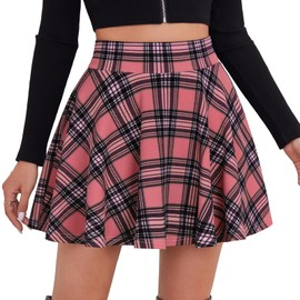DJT Women's Basic Versatile Casual Stretchy Flared Pleated Mini Skater Skirt with Shorts X-Small Coral Pink Plaid