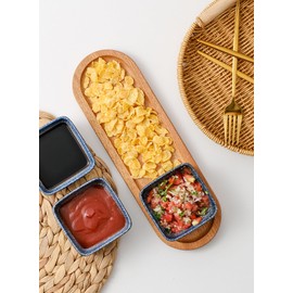 koycasa Chip and Dip Serving Set, Ceramic Dipping Sauce Bowls with Wooden Tray, 3.5 inch Side Dishes Set of 3 for Entertaining, Party, Buffets, Appetizers, Snacks and Sushi, Snowflake