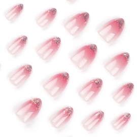 Press On Nails Stick On Nails, Flower Summer Cute Designed Beauty Pattern in Glue on Nails, Fake Nails, Short Square Almond Long Ballet Shape on 24PCS (Pink Gradient Glitter)