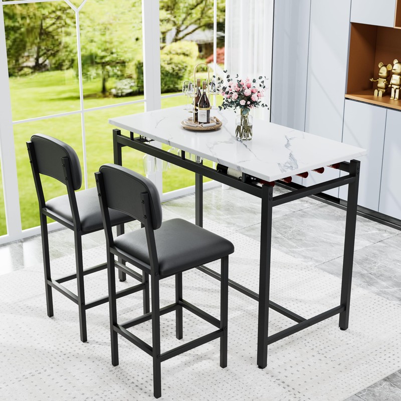 Faux Marble Table Set with 2 Upholstered Chairs, 3 Piece