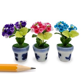 WitnyStore Tiny 1½" High 3 Pieces Set Purple Pink Blue Hydrangea Hand Made Artificial Flowers Realistic Colorful Miniature Modelling Clay Flower Pots Variety of House Plant Species Home Decoration