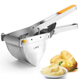 LHS Stainless Steel Potato Ricer and Masher, Heavy Duty Commercial Food Masher, Ergonomic Comfort Grip, Extra Large Capacity, Dishwasher Safe (Orange)