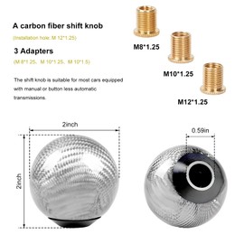 JUSTTOP Carbon Fiber Gear Shift Knob, Round Ball Shift Lever Knob Head with 3 Adapters, Universal Stick Shifter Knob Head for Most Manual Transmission Car, Car Accessories (Silver)