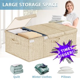 Hoyula Deep Under Bed Storage Container, 10" Tall Height Underbed Box Bin with Lids 31" Long Large Basket for Under Bed, Bedroom, Dorms, Clothes, Bed sheets, Blankets, 2 Pack, Beige