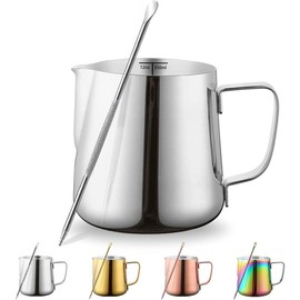 Milk Frothing Pitcher 12oz - 350ml, Stainless Steel Espresso Steaming Pitchers with Decorating Pen,Milk Coffee Frother Cups Cappuccino Latte Art Barista Steam Pitchers Milk Jug Cup (Silver) - Color: 1.Silver 12oz