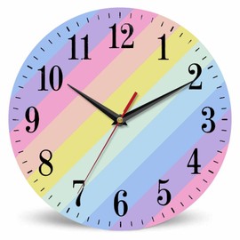 Mxocom Geometric Striped Wall Clock Pastel Rainbow Spectrum Colors Abstract Twill 10 Inch Silent Non Ticking Battery Operated Clock Vintage Round Clock for Living Room Bedroom Bathroom Office Decor