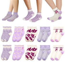 Zzxlw Girls Socks Toddler Kids 10 Pair Frilly Crew School Breathable Sweating Violet Flowers Points Sweet Cartoon Colorful Children Suitable for Princess Roll-up Socks S 3-5 Years