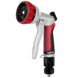 RESTMO Ordinary Hose, Irrigation Nozzle, Heavy Duty, Metal Nozzle, High Pressure, Adjustable Flow, 7 Patterns, For Watering Plants, Lawns, Car Washing, Pets, Red