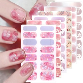 6 Sheets Spring Gel Nail Strips Self-Adhesive Flowers Gel Nail Stickers Cherry Blossom Floral Summer Design Gels Nail Polish Supplies Glitter Full Wrap Gels Nails Strips Stickers for Acrylic Manicure