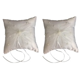 2Pcs Ring Bearer Pillows, White Ring Pillow for Ring Bearer, Wedding Ring Bearer Pillow with Pearls Lace Ribbon Decor, Ring Bearer Holder for Wedding Party Ceremony