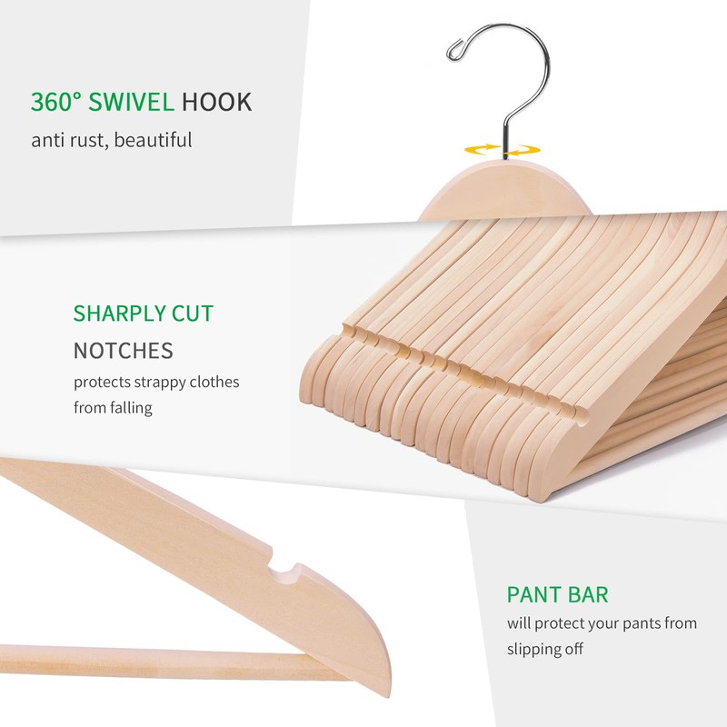 Nature Smile 20 Pack Unfinished Natural Solid Wooden Clothes Hangers