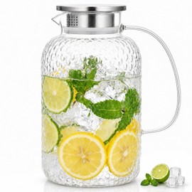 1 Gallon Circular Glass Pitcher with Lid, Round Teapot with a Handle and Raised Floral Pattern, Silver Lid, Heat Resistant Material, Ideal for Refrigerator Storage of Iced Tea, Coffee, Juice